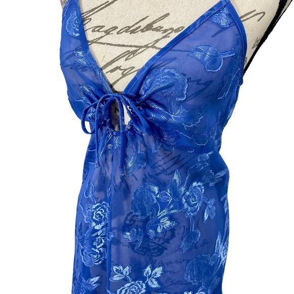 Vintage 90s Keyhole Babydoll Slip Dress Semi-Sheer Satin Floral Lingerie Small - Picture 2 of 9